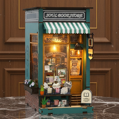 Royelux DIY Book Nook Kit - 3D Wooden Puzzle Shelf Insert with LED Light and Mini Furniture