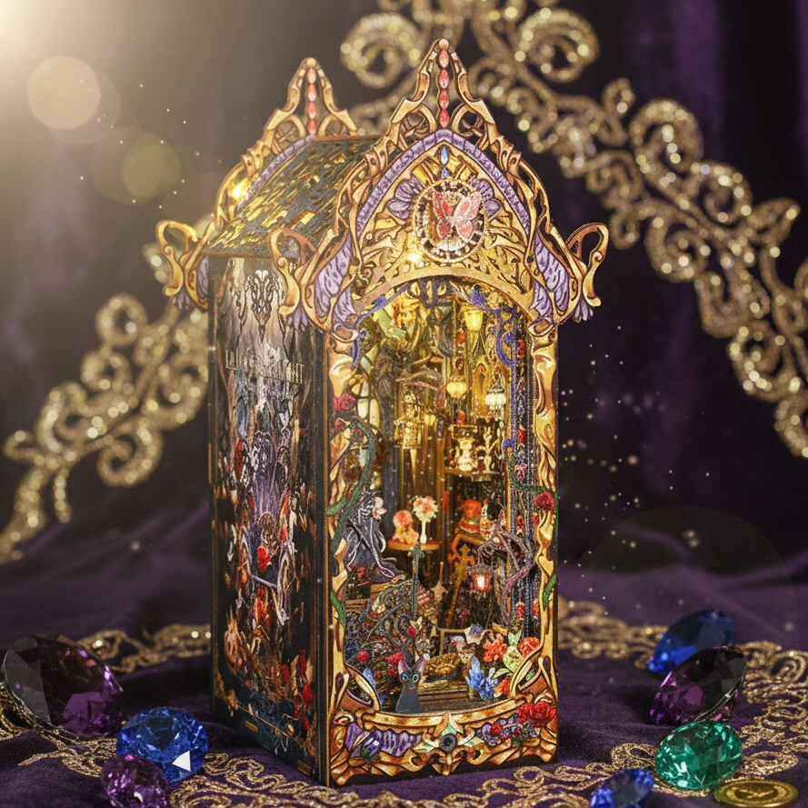 Royelux DIY Book Nook Kit - 3D Wooden Puzzle Shelf Insert with LED Light and Mini Furniture