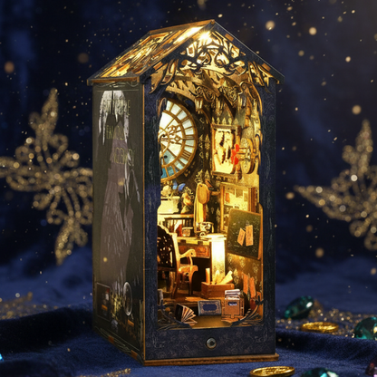 Royelux DIY Book Nook Kit - 3D Wooden Puzzle Shelf Insert with LED Light and Mini Furniture