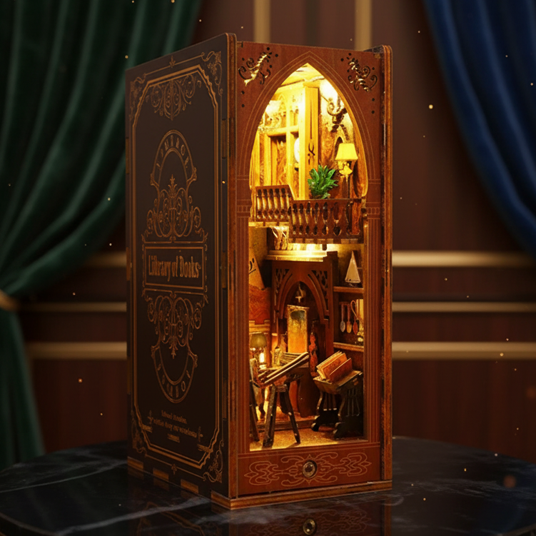 Royelux DIY Book Nook Kit - 3D Wooden Puzzle Shelf Insert with LED Light and Mini Furniture