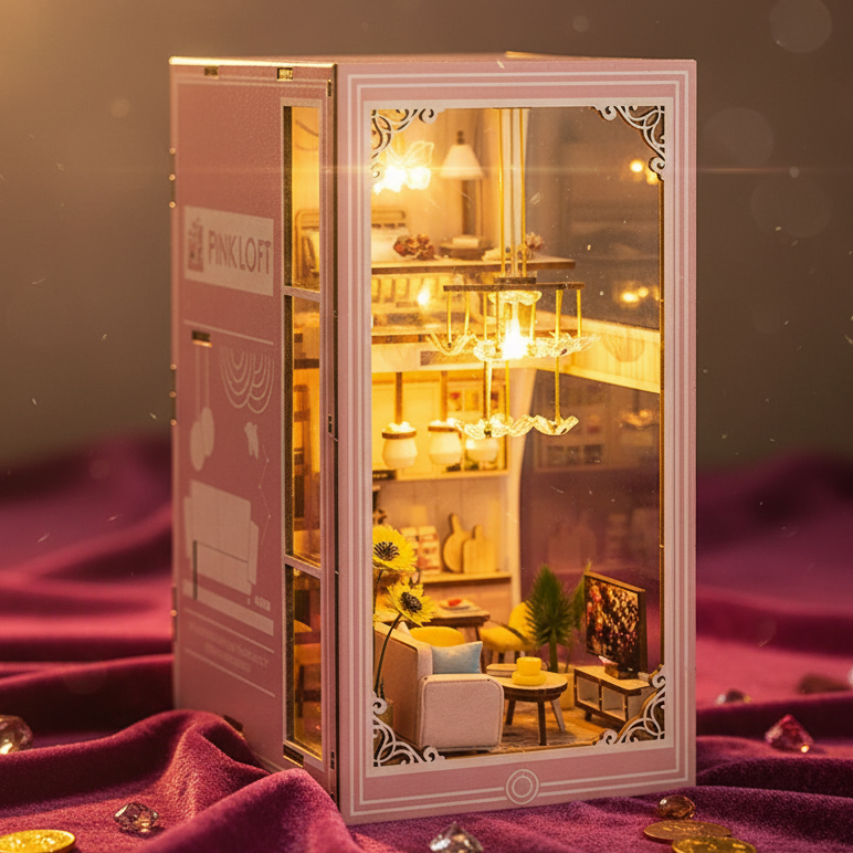 Royelux DIY Book Nook Kit - 3D Wooden Puzzle Shelf Insert with LED Light and Mini Furniture