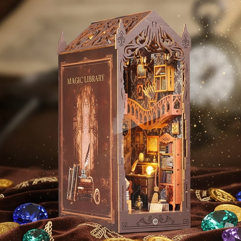 Royelux DIY Book Nook Kit - 3D Wooden Puzzle Shelf Insert with LED Light and Mini Furniture