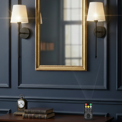 RoyaleGlow Wireless Wall Sconces - Modern Cloth Shade Set of 2 for Bedroom and Corridor