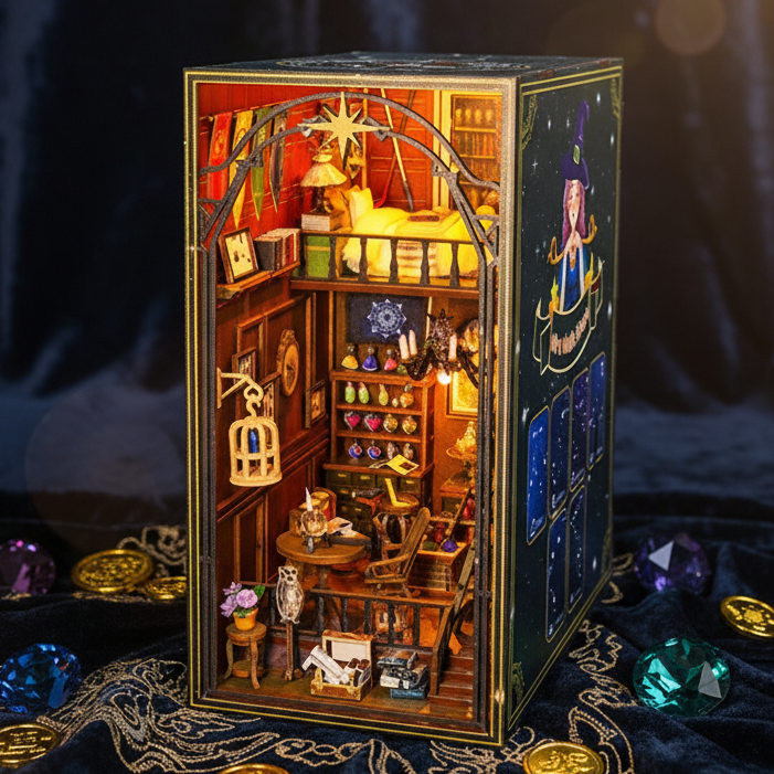 Royelux DIY Book Nook Kit - 3D Wooden Puzzle Shelf Insert with LED Light and Mini Furniture