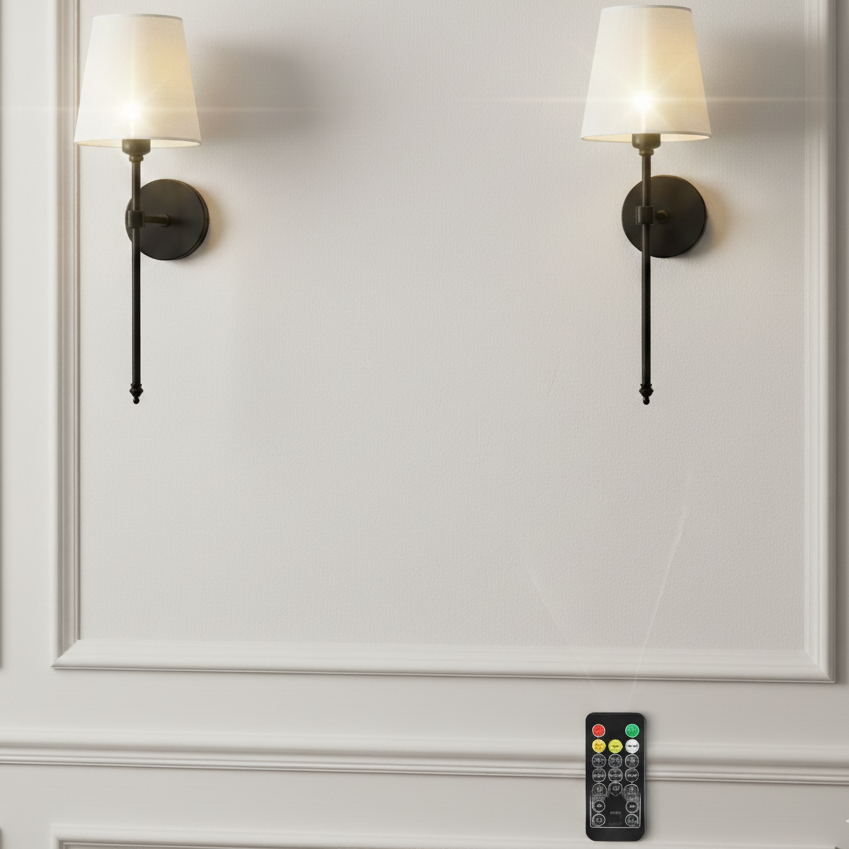 RoyaleGlow Wireless Wall Sconces - Modern Cloth Shade Set of 2 for Bedroom and Corridor