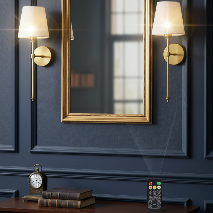 RoyaleGlow Wireless Wall Sconces - Modern Cloth Shade Set of 2 for Bedroom and Corridor