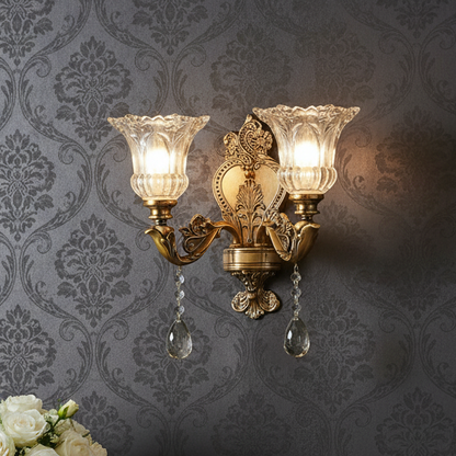 RoyaleGlow Antique Brass Wall Light - Retro Crystal Glass Dual Head Lamp for Living Room