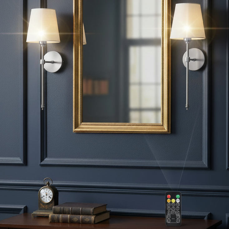 RoyaleGlow Wireless Wall Sconces - Modern Cloth Shade Set of 2 for Bedroom and Corridor