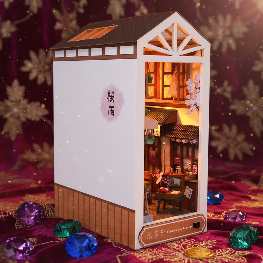 Royelux DIY Book Nook Kit - 3D Wooden Puzzle Shelf Insert with LED Light and Mini Furniture