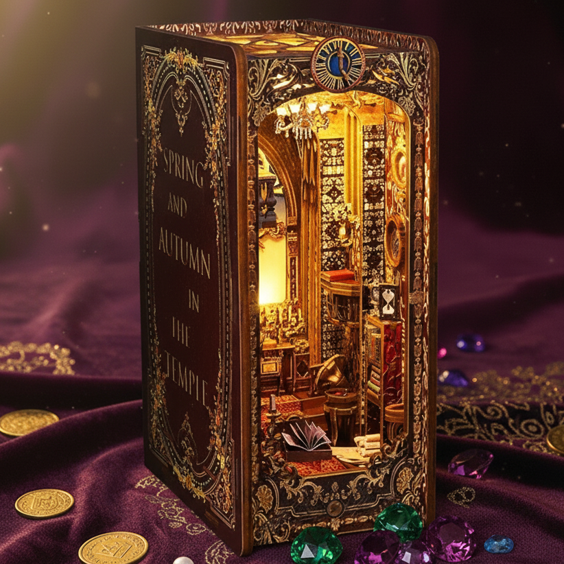 Royelux DIY Book Nook Kit - 3D Wooden Puzzle Shelf Insert with LED Light and Mini Furniture