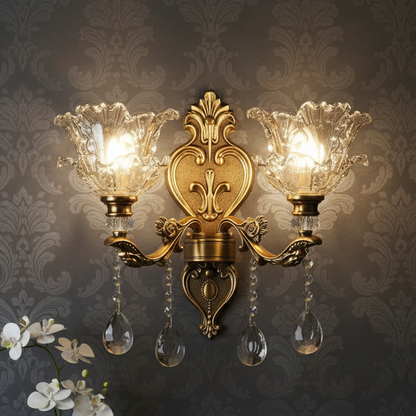 RoyaleGlow Antique Brass Wall Light - Retro Crystal Glass Dual Head Lamp for Living Room