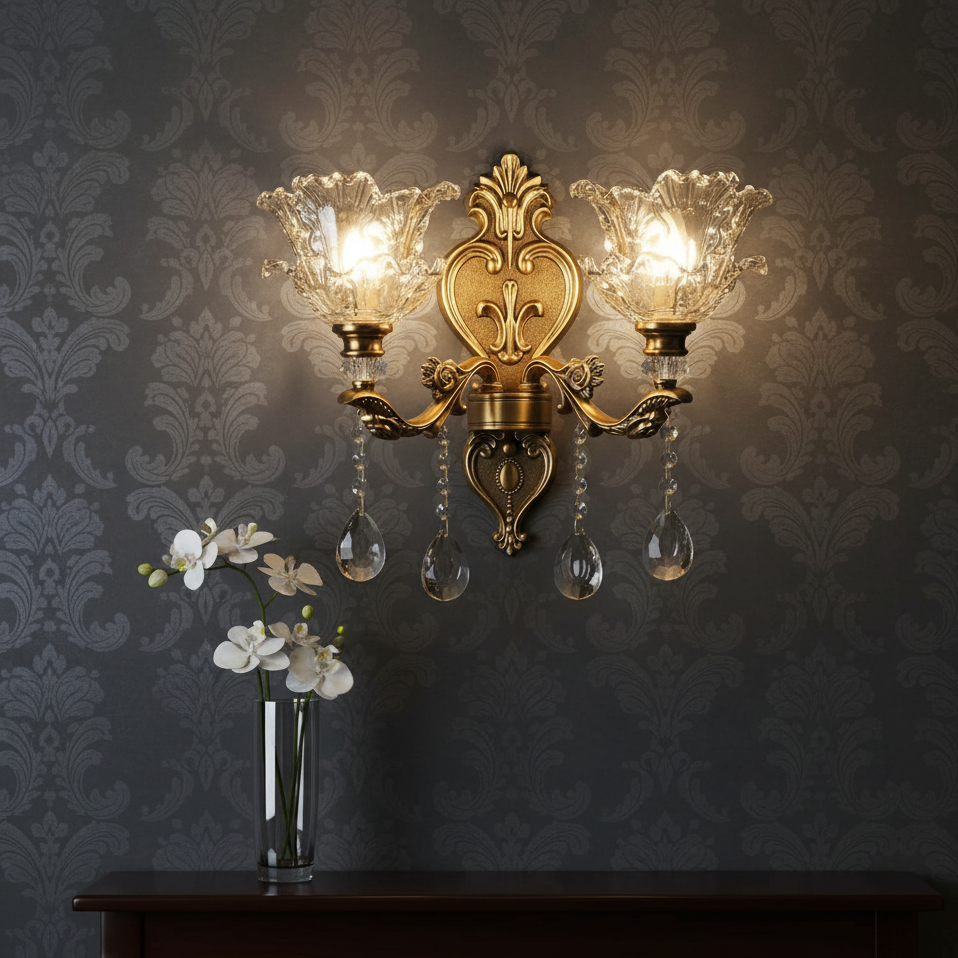 RoyaleGlow Antique Brass Wall Light - Retro Crystal Glass Dual Head Lamp for Living Room