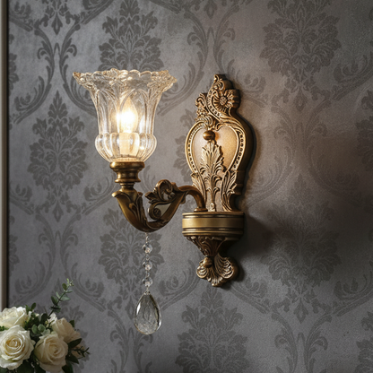 RoyaleGlow Antique Brass Wall Light - Retro Crystal Glass Dual Head Lamp for Living Room