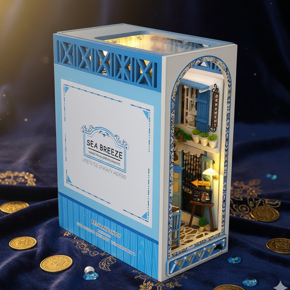 Royelux DIY Book Nook Kit - 3D Wooden Puzzle Shelf Insert with LED Light and Mini Furniture