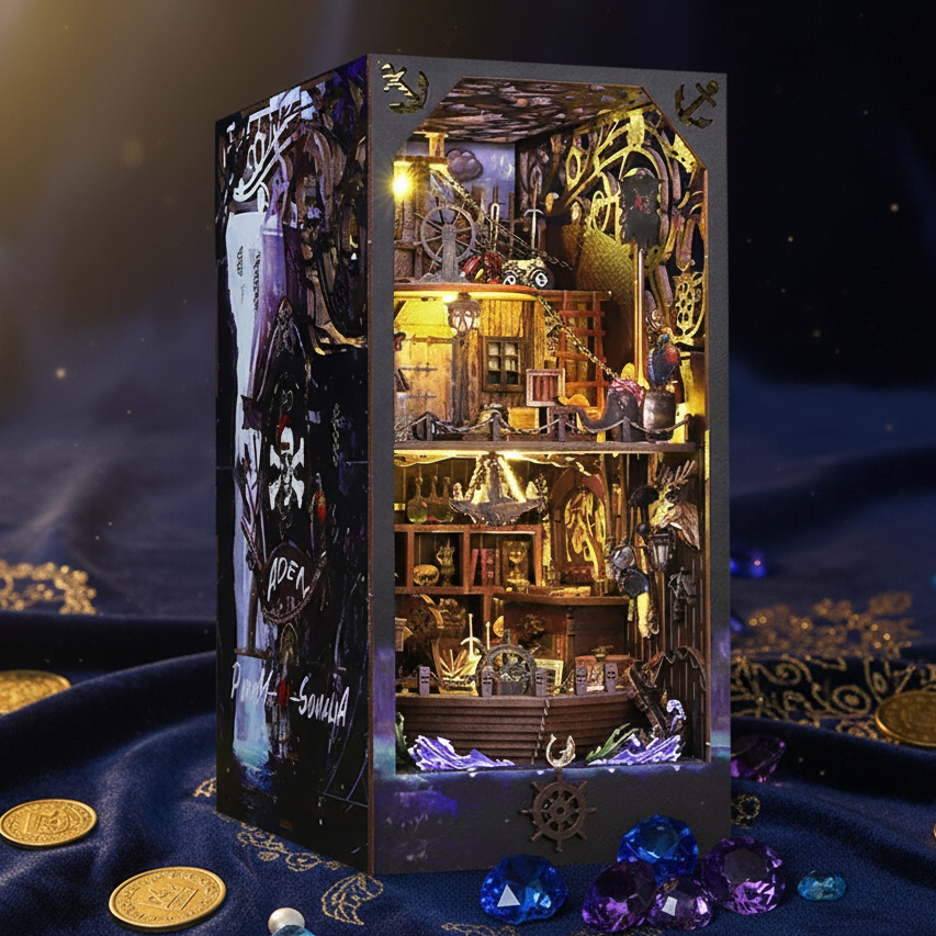 Royelux DIY Book Nook Kit - 3D Wooden Puzzle Shelf Insert with LED Light and Mini Furniture