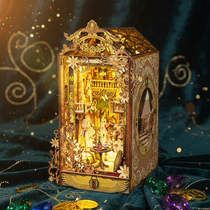 Royelux DIY Book Nook Kit - 3D Wooden Puzzle Shelf Insert with LED Light and Mini Furniture