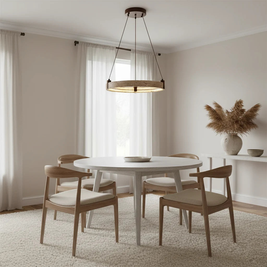 Royelux Modern Circular Travertine Chandelier with LED Light for Dining Room, Living Room