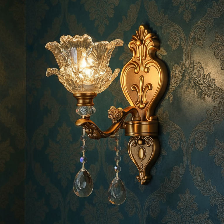 RoyaleGlow Antique Brass Wall Light - Retro Crystal Glass Dual Head Lamp for Living Room