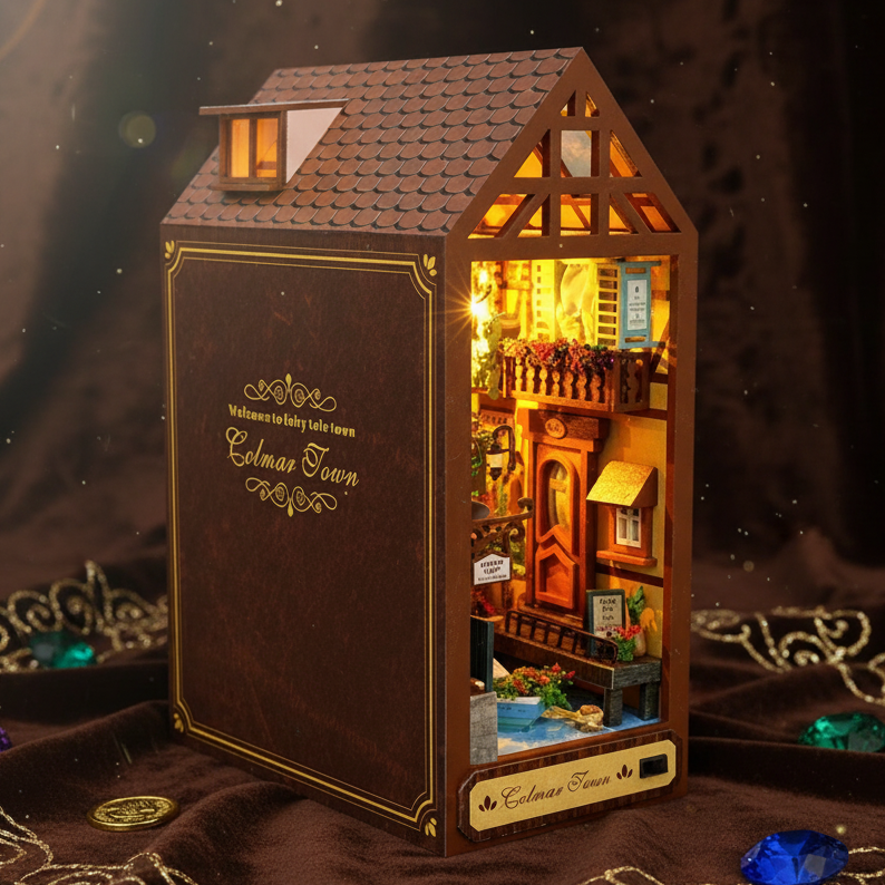 Royelux DIY Book Nook Kit - 3D Wooden Puzzle Shelf Insert with LED Light and Mini Furniture