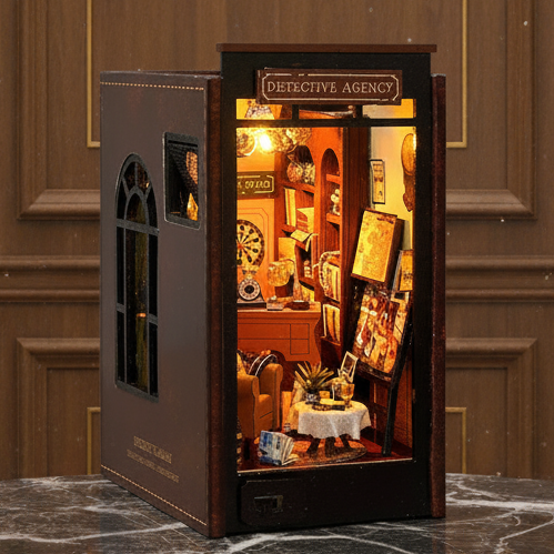 Royelux DIY Book Nook Kit - 3D Wooden Puzzle Shelf Insert with LED Light and Mini Furniture