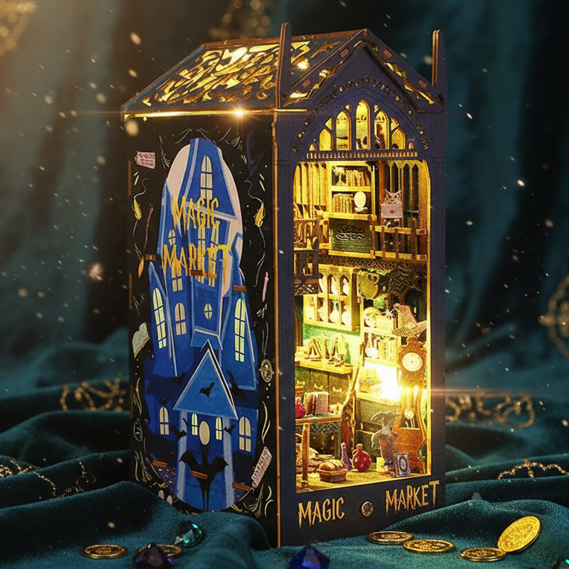 Royelux DIY Book Nook Kit - 3D Wooden Puzzle Shelf Insert with LED Light and Mini Furniture