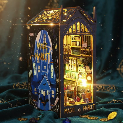 Royelux DIY Book Nook Kit - 3D Wooden Puzzle Shelf Insert with LED Light and Mini Furniture