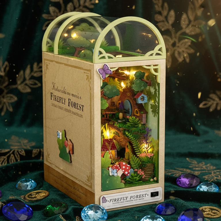 Royelux DIY Book Nook Kit - 3D Wooden Puzzle Shelf Insert with LED Light and Mini Furniture