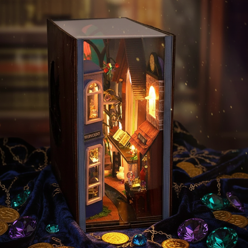 Royelux DIY Book Nook Kit - 3D Wooden Puzzle Shelf Insert with LED Light and Mini Furniture