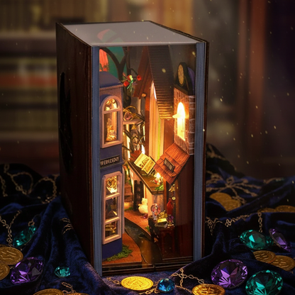 Royelux DIY Book Nook Kit - 3D Wooden Puzzle Shelf Insert with LED Light and Mini Furniture