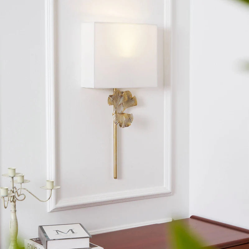 Lumora Palmette Wall Sconce Brass Finish With Fabric Shade Luxury Gilded Leaf Design