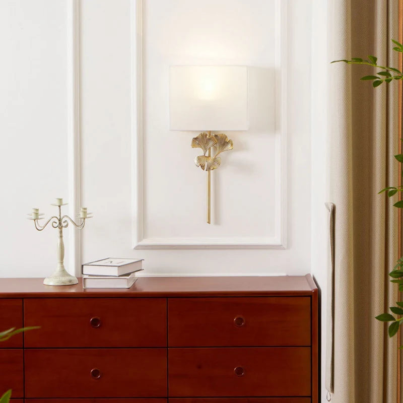 Lumora Palmette Wall Sconce Brass Finish With Fabric Shade Luxury Gilded Leaf Design
