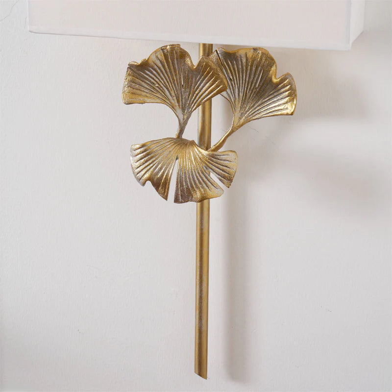 Lumora Palmette Wall Sconce Brass Finish With Fabric Shade Luxury Gilded Leaf Design