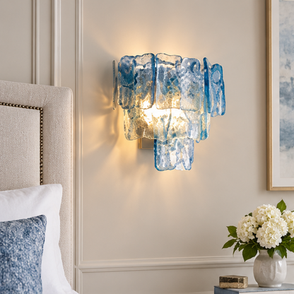  Glass Azure Blue Tiered Ghiaccio Wall Light Sconce - Flush Mount, Lux Brass Trim - Dining Rooms & Living Rooms