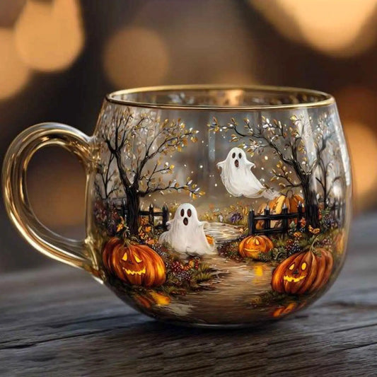 Glass Halloween Cup Glass Spooky Mug Painted Pattern Cute Coffee Mug For Hot Water Tea Cold Drinks Beverage Travel Home Kitchen 2