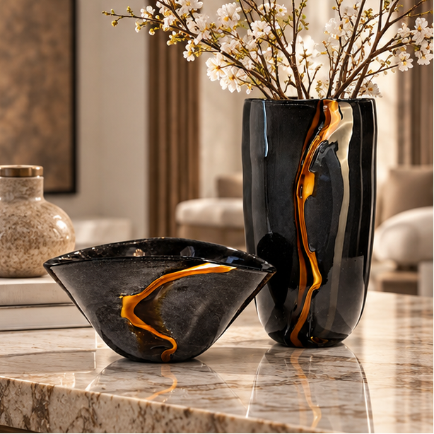 LuxRoyale Large Black Glass Flower Vase -  Handblown Decorative Centerpiece for Modern Home Decor