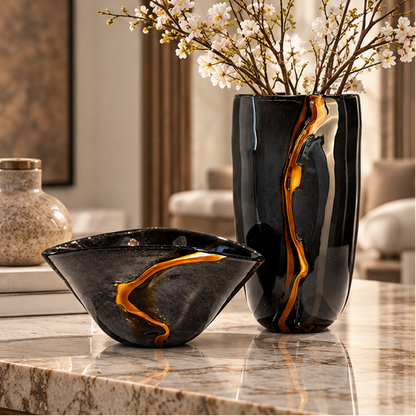 LuxRoyale Large Black Glass Flower Vase -  Handblown Decorative Centerpiece for Modern Home Decor