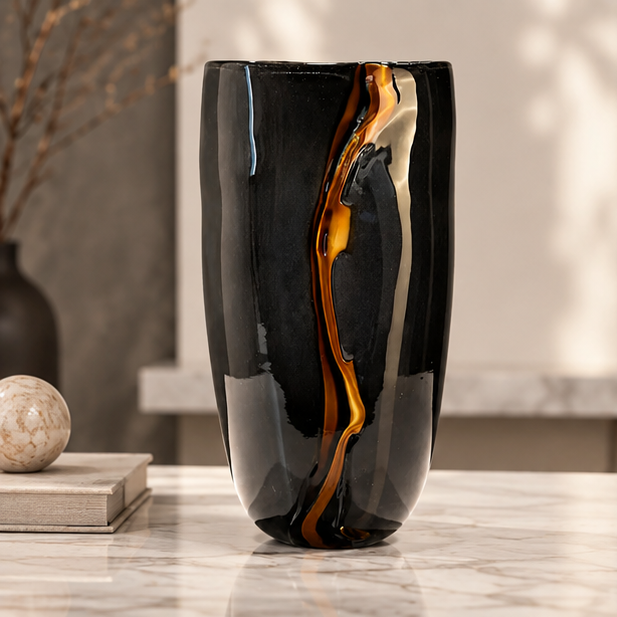 LuxRoyale Large Black Glass Flower Vase -  Handblown Decorative Centerpiece for Modern Home Decor