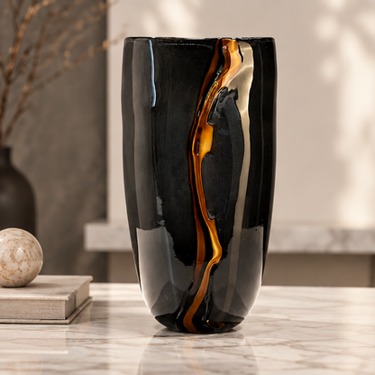 LuxRoyale Large Black Glass Flower Vase -  Handblown Decorative Centerpiece for Modern Home Decor