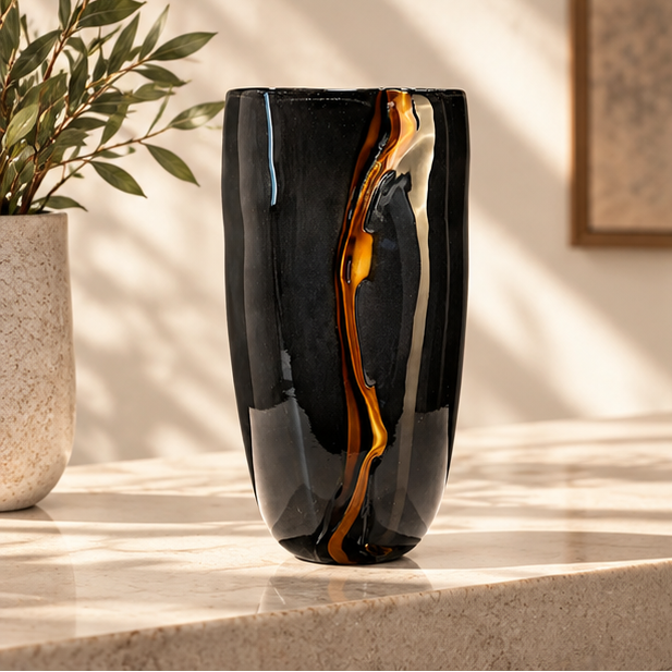 LuxRoyale Large Black Glass Flower Vase -  Handblown Decorative Centerpiece for Modern Home Decor
