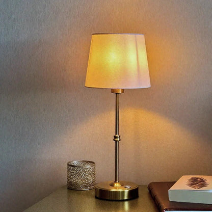 LuxRoyale Rechargeable Table Lamp Brushed Metal Base Soft Fabric Shade