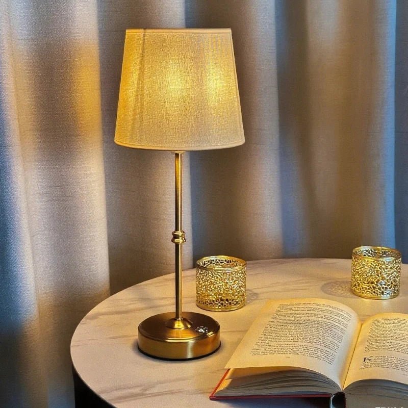 LuxRoyale Rechargeable Table Lamp Brushed Metal Base Soft Fabric Shade