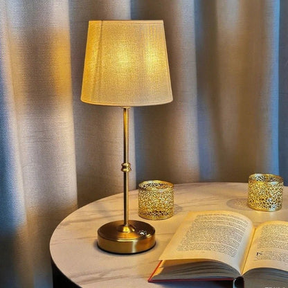 LuxRoyale Rechargeable Table Lamp Brushed Metal Base Soft Fabric Shade
