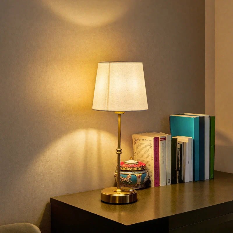 LuxRoyale Rechargeable Table Lamp Brushed Metal Base Soft Fabric Shade