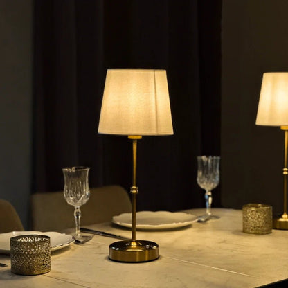 LuxRoyale Rechargeable Table Lamp Brushed Metal Base Soft Fabric Shade