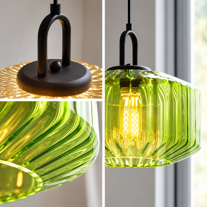 RoyaleGlow Ribbed Green Glass Pendant Light - Modern Kitchen Island Hanging Lamp