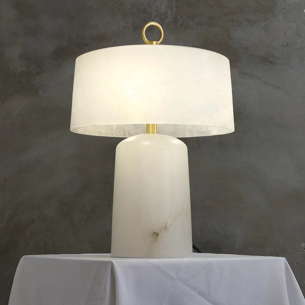 LuxRoyale Alabaster & Brass LED Table Lamp with Drum Shade & Ring Finial