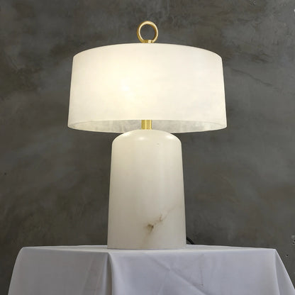 LuxRoyale Alabaster & Brass LED Table Lamp with Drum Shade & Ring Finial