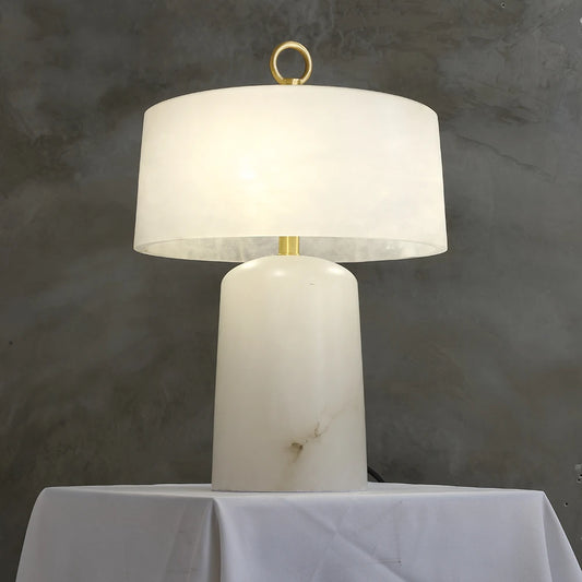 LuxRoyale Alabaster & Brass LED Table Lamp with Drum Shade & Ring Finial