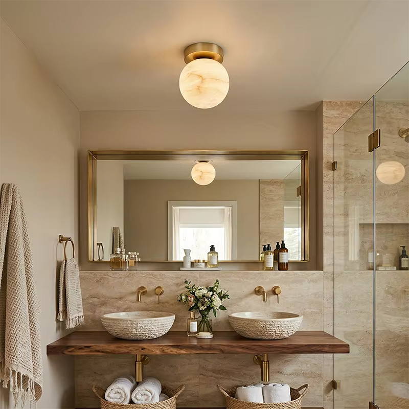 RoyaleGlow Alabaster Brass Flush Mount Ceiling Light - Modern Globe Fixture