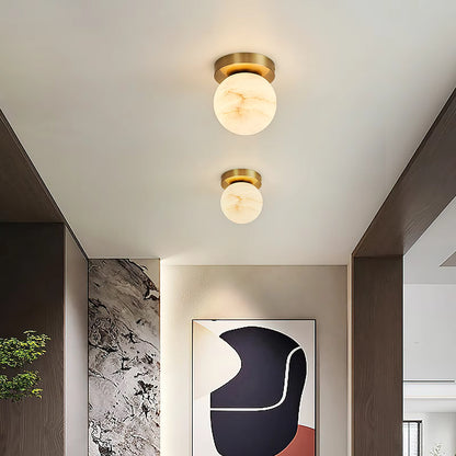 RoyaleGlow Alabaster Brass Flush Mount Ceiling Light - Modern Globe Fixture